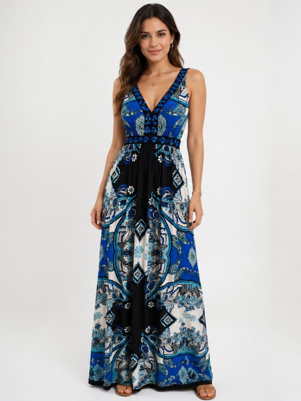 ICE Blue Paisley Beaded V-Neck Maxi Dress Sleeveless Boho Gown Size 4